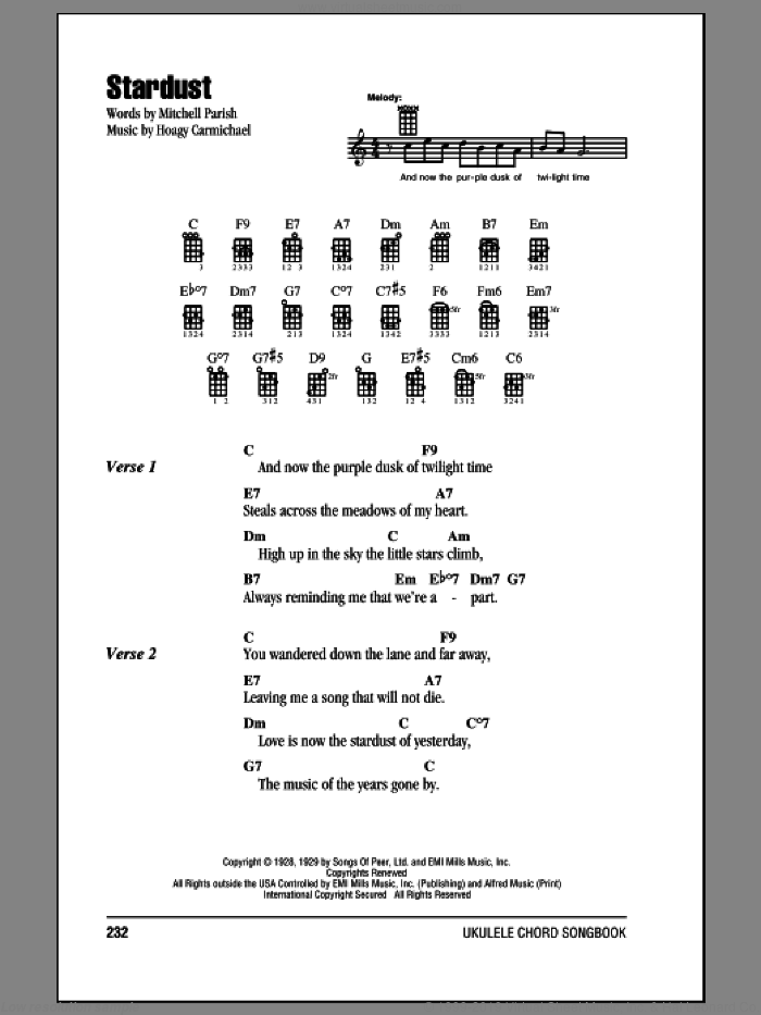 Stardust sheet music for ukulele (chords) by Hoagy Carmichael, Artie Shaw and Mitchell Parish, intermediate skill level