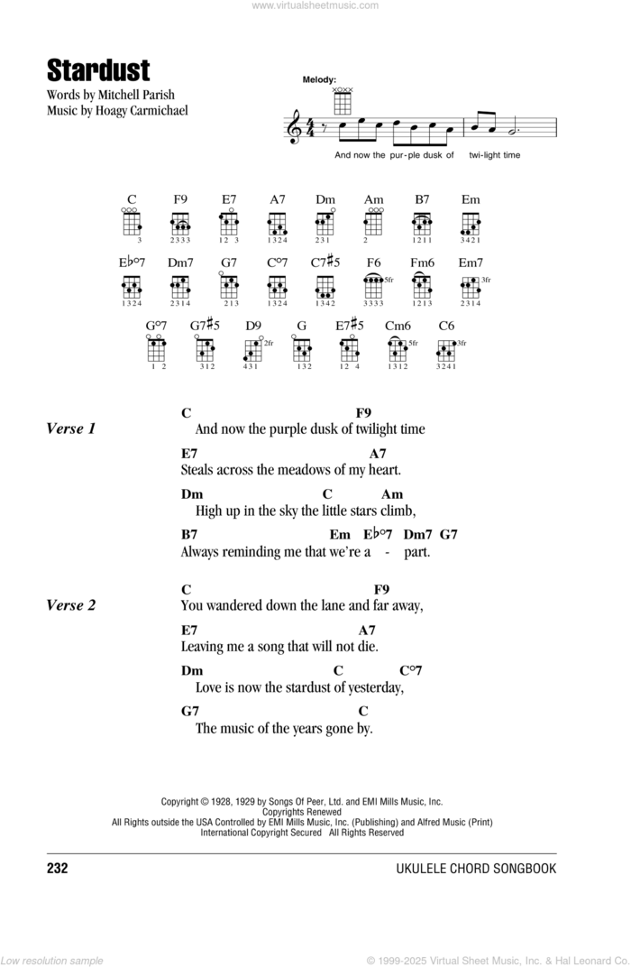 Stardust sheet music for ukulele (chords) by Hoagy Carmichael, Artie Shaw and Mitchell Parish, intermediate skill level