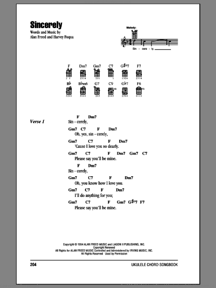 Sincerely sheet music for ukulele (chords) by Moonglows, Alan Freed and Harvey Fuqua, intermediate skill level