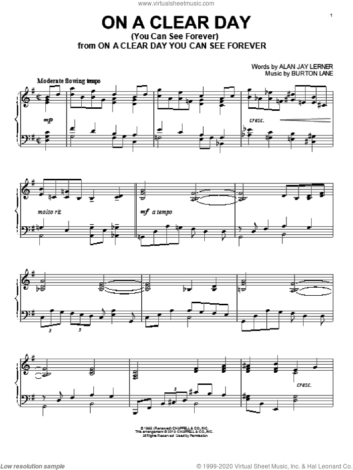 On A Clear Day (You Can See Forever) sheet music for piano solo by Burton Lane and Alan Jay Lerner, intermediate skill level