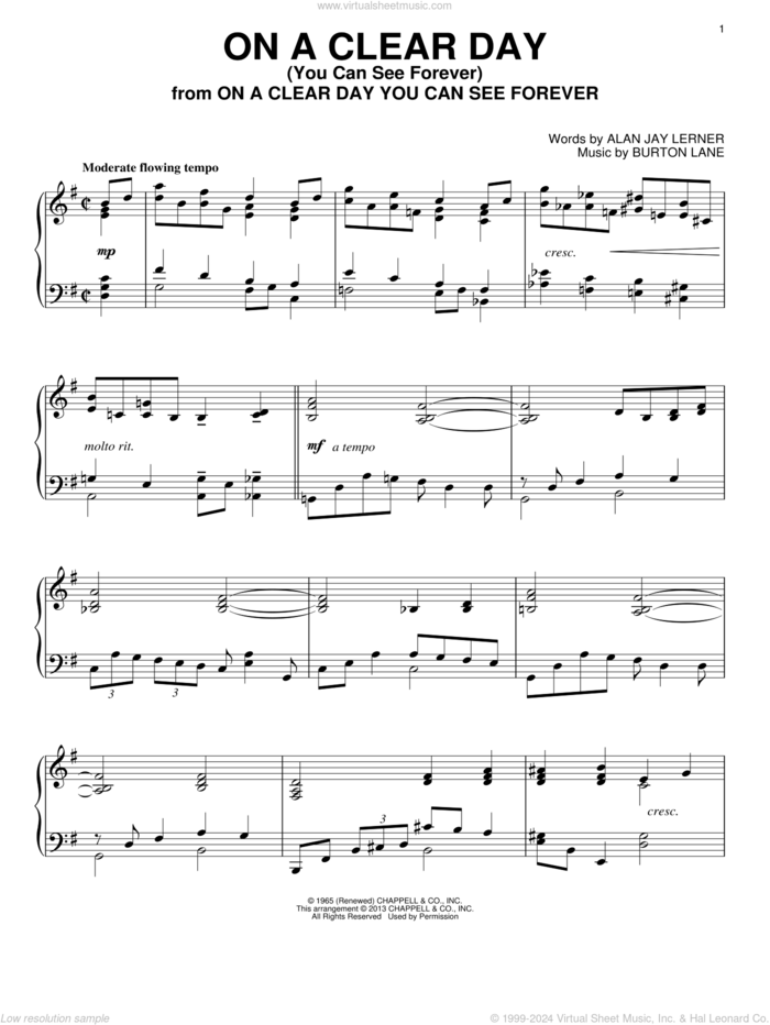 On A Clear Day (You Can See Forever), (intermediate) (You Can See Forever) sheet music for piano solo by Burton Lane and Alan Jay Lerner, intermediate skill level