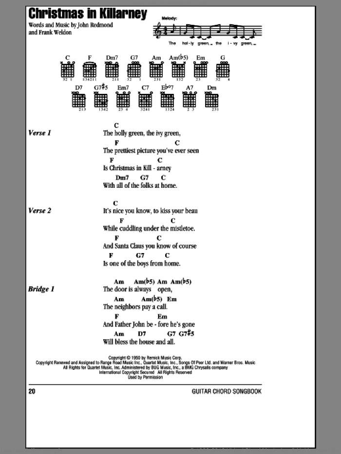 Christmas In Killarney sheet music for guitar (chords) by John Redmond and Frank Weldon, intermediate skill level