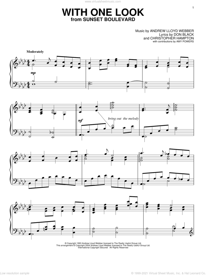 With One Look sheet music for piano solo by Andrew Lloyd Webber, Christopher Hampton and Don Black, intermediate skill level
