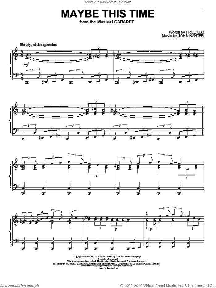 Maybe This Time (from Cabaret) sheet music for piano solo by John Kander, Kander & Ebb and Fred Ebb, intermediate skill level