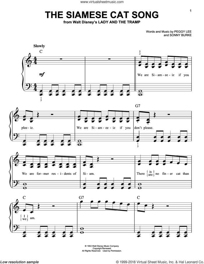 The Siamese Cat Song (from Lady And The Tramp) sheet music for piano solo by Peggy Lee and Sonny Burke, easy skill level