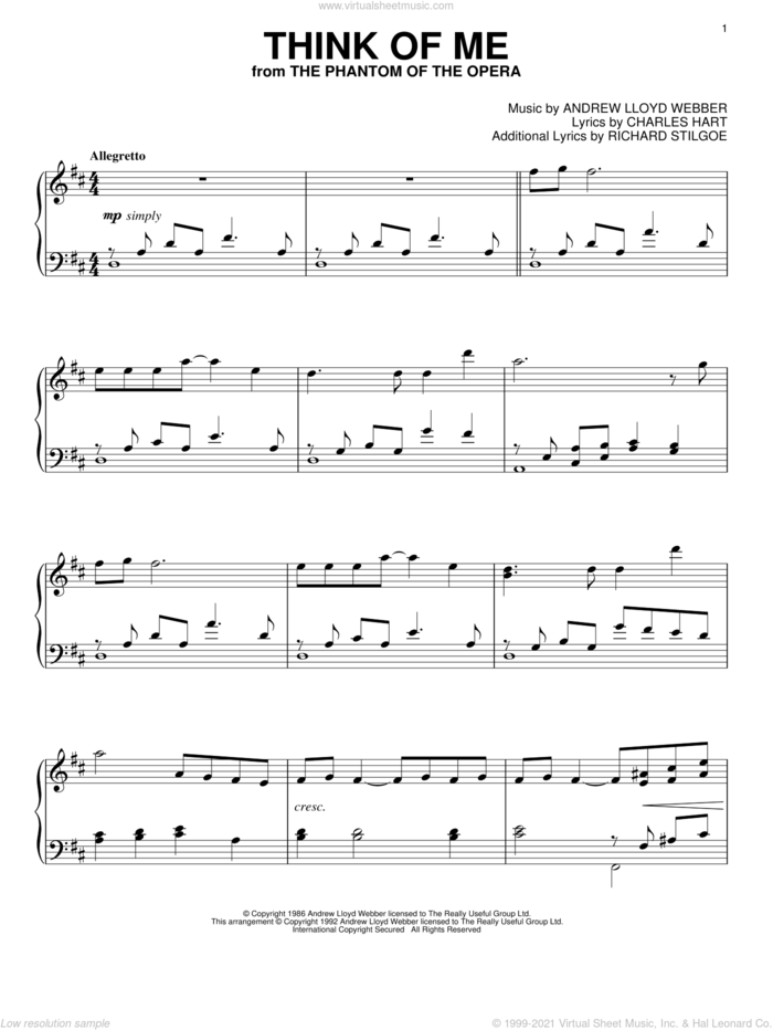 Think Of Me (from The Phantom Of The Opera), (intermediate) sheet music for piano solo by Andrew Lloyd Webber, intermediate skill level