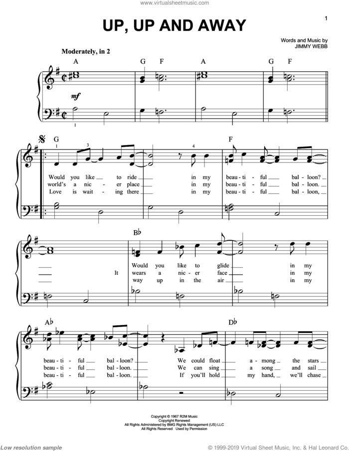 Up, Up And Away sheet music for piano solo by The Fifth Dimension and Jimmy Webb, easy skill level