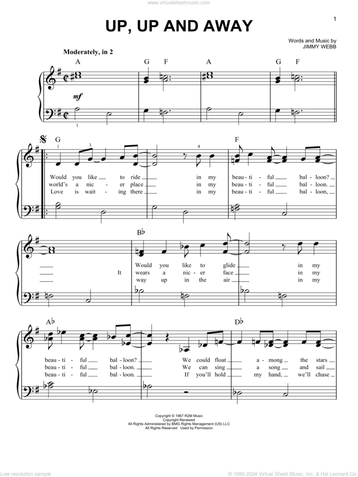 Up, Up And Away sheet music for piano solo by The Fifth Dimension and Jimmy Webb, easy skill level