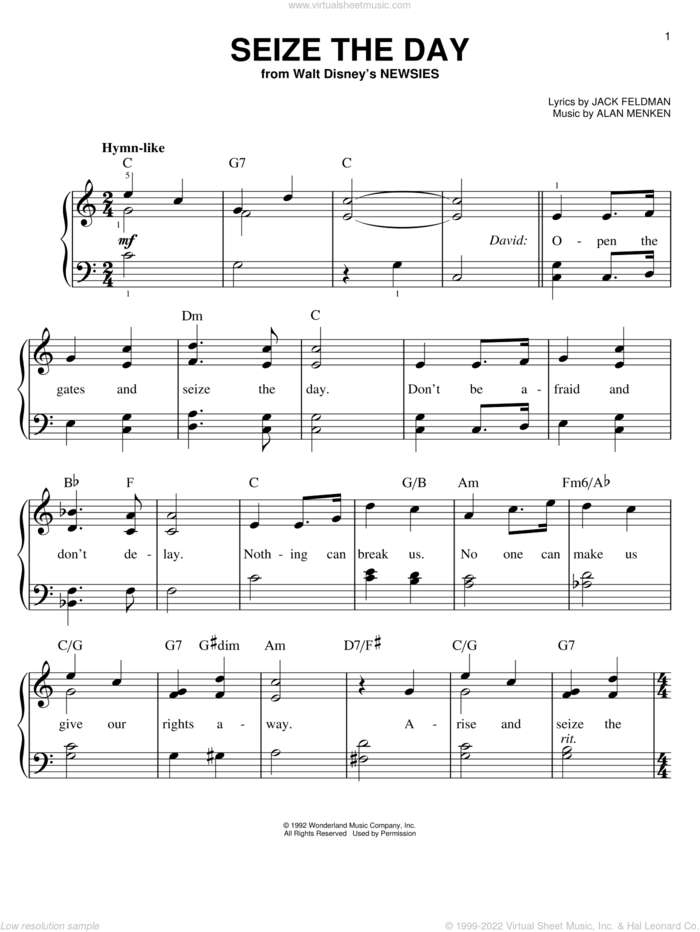 Seize The Day (from Newsies) sheet music for piano solo by Alan Menken and Jack Feldman, easy skill level
