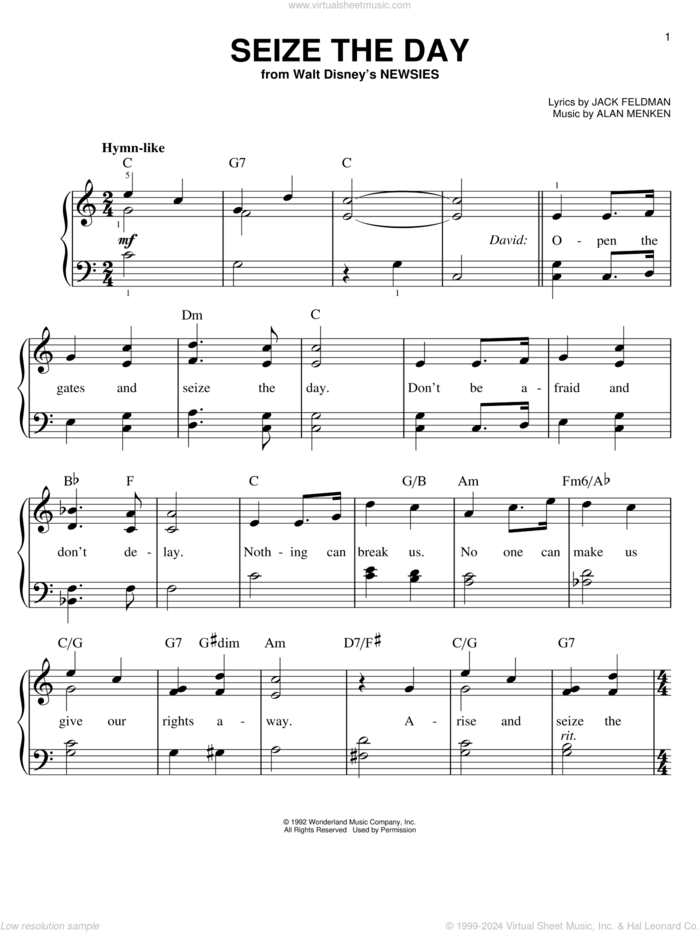 Seize The Day (from Newsies) sheet music for piano solo by Alan Menken, Alan Menken & Jack Feldman and Jack Feldman, easy skill level