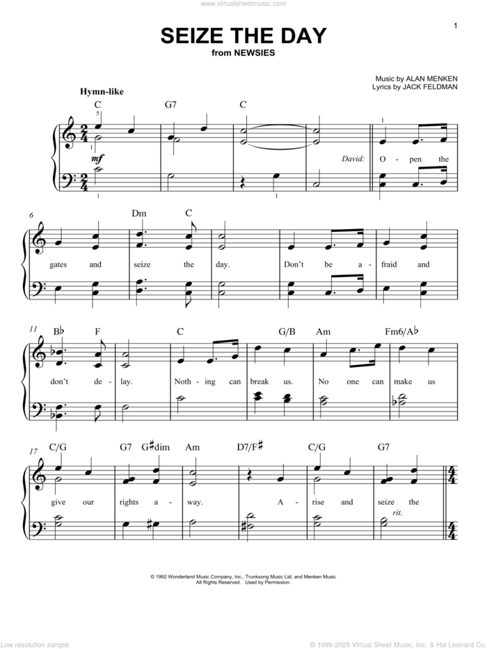 Seize The Day (from Newsies) sheet music for piano solo by Alan Menken, Alan Menken & Jack Feldman and Jack Feldman, easy skill level