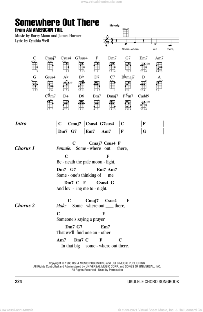 Somewhere Out There sheet music for ukulele (chords) by James Horner, Barry Mann and Cynthia Weil, intermediate skill level