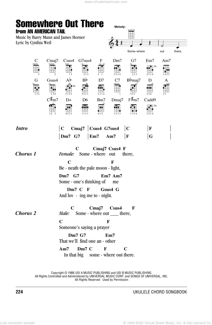 Somewhere Out There sheet music for ukulele (chords) by James Horner, Barry Mann and Cynthia Weil, intermediate skill level