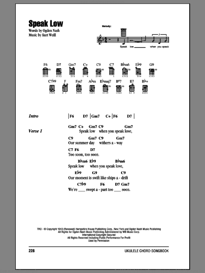 Speak Low sheet music for ukulele (chords) by Kurt Weill and Ogden Nash, intermediate skill level