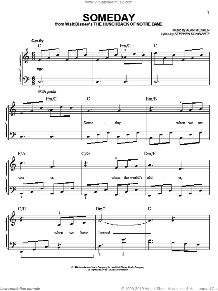 Someday (from The Hunchback Of Notre Dame), (easy) sheet music for piano solo by All-4-One, Alan Menken and Stephen Schwartz, easy skill level