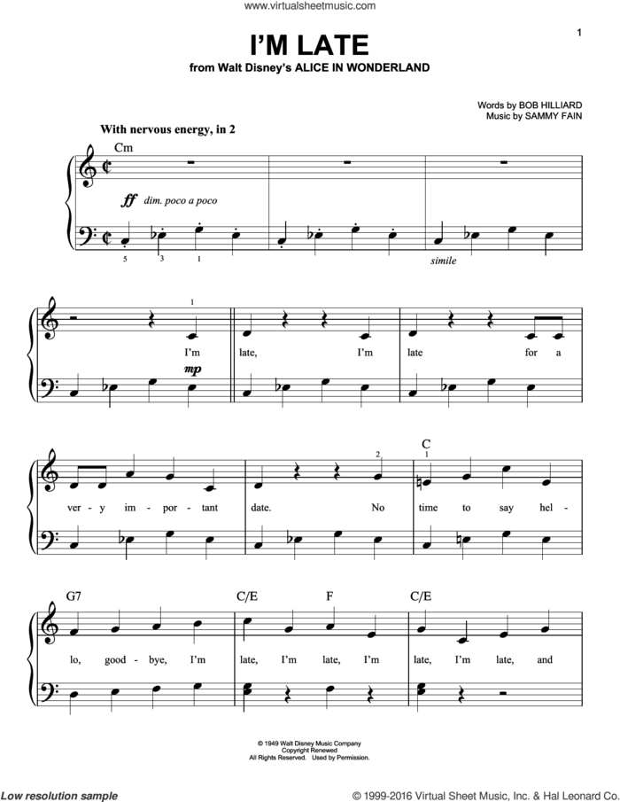 I'm Late (from Alice In Wonderland) sheet music for piano solo by Sammy Fain and Bob Hilliard, easy skill level