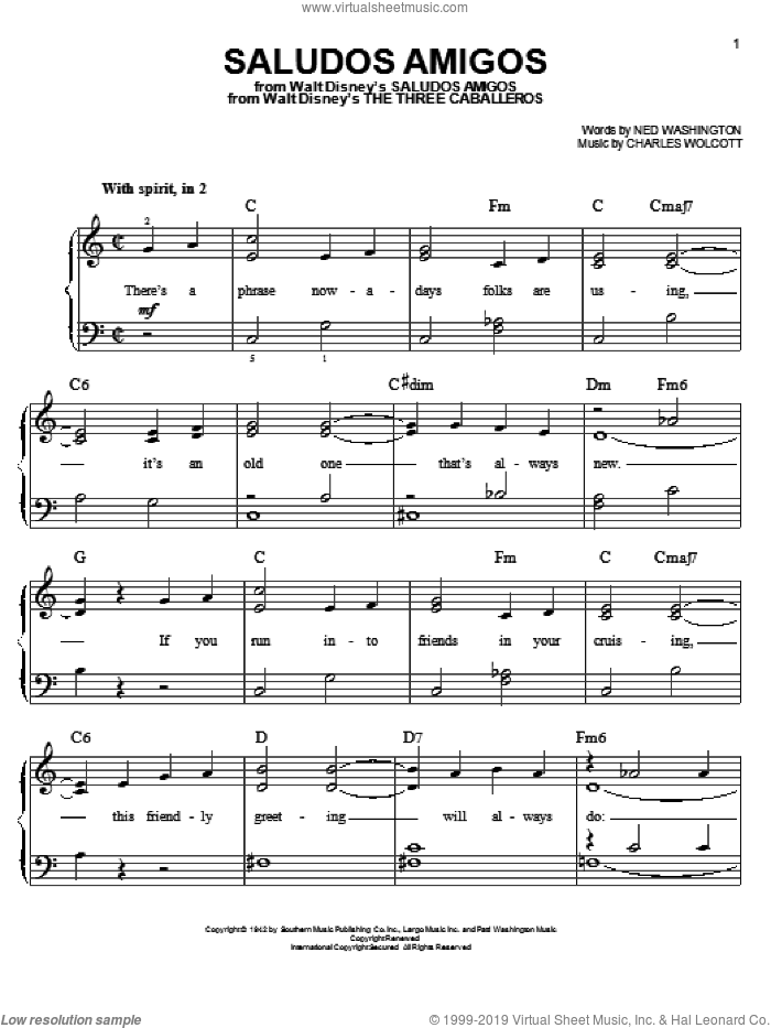 Saludos Amigos sheet music for piano solo by Charles Wolcott and Ned Washington, easy skill level
