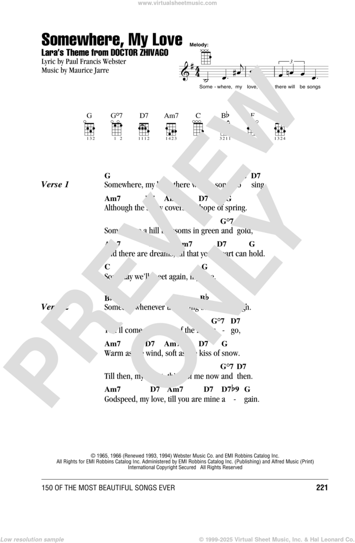 Somewhere, My Love sheet music for ukulele (chords) by Paul Francis Webster and Maurice Jarre, intermediate skill level