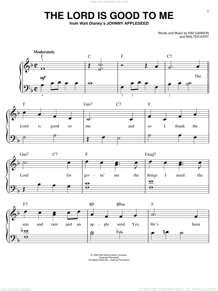 The Lord Is Good To Me (from Johnny Appleseed) sheet music for piano solo by Walter Kent and Kim Gannon, easy skill level
