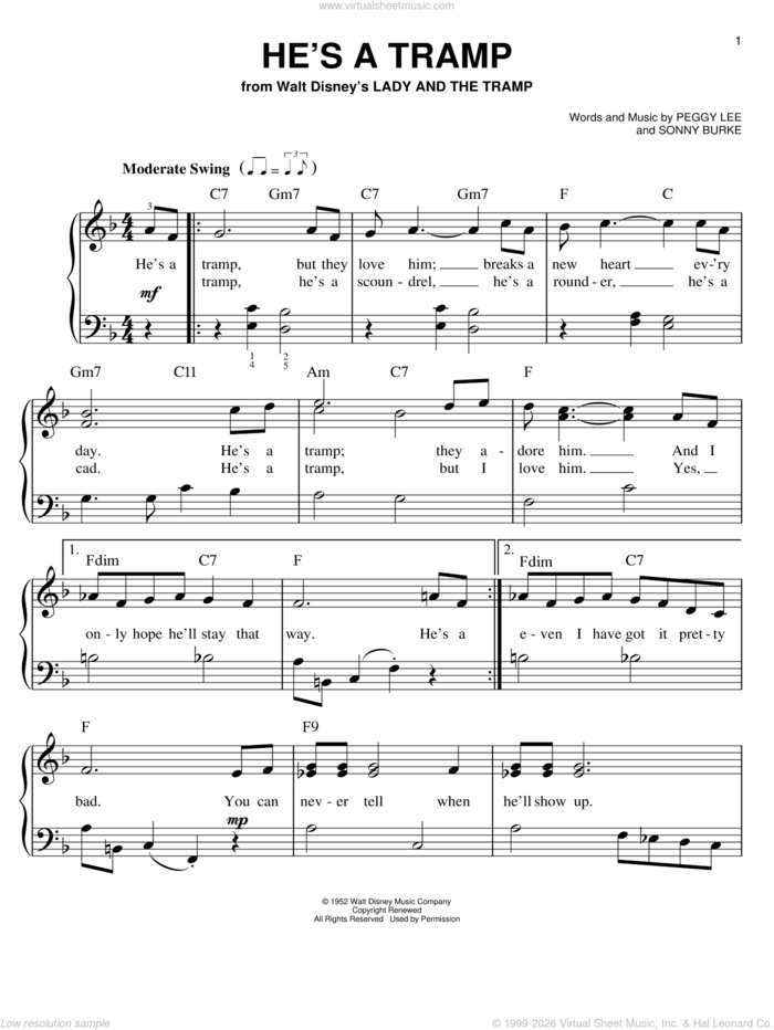 He's A Tramp (from Lady And The Tramp) sheet music for piano solo by Peggy Lee and Sonny Burke, easy skill level