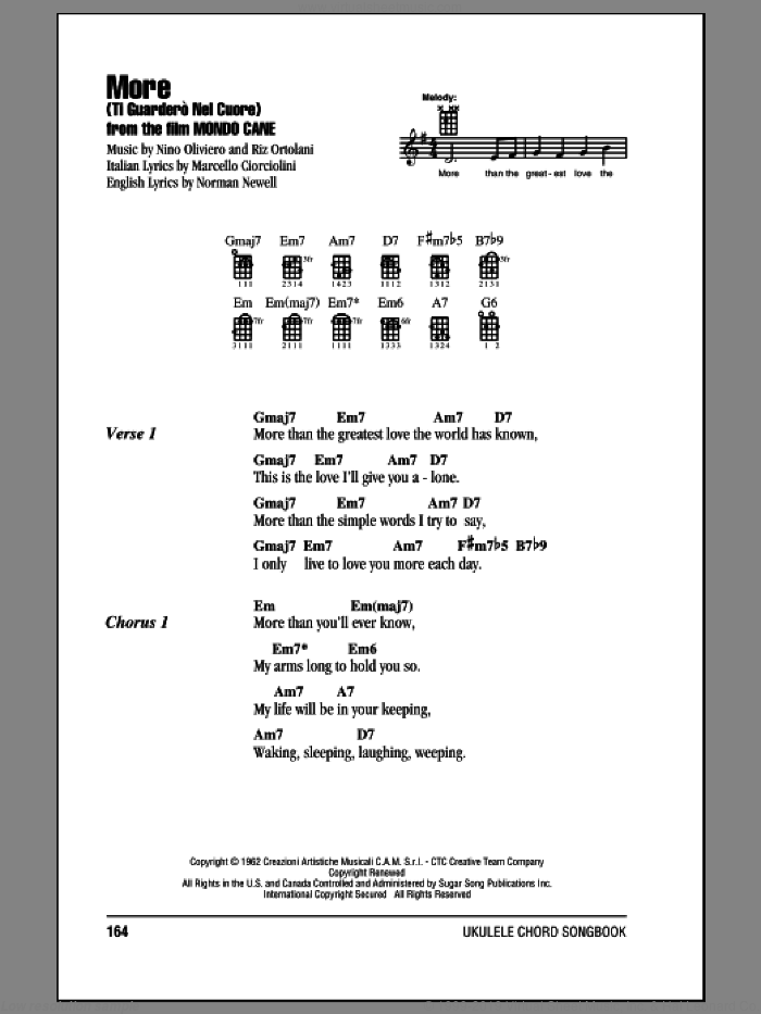 More (Ti Guardero Nel Cuore) sheet music for ukulele (chords) by Riz Ortolani and Nino Oliviero, intermediate skill level