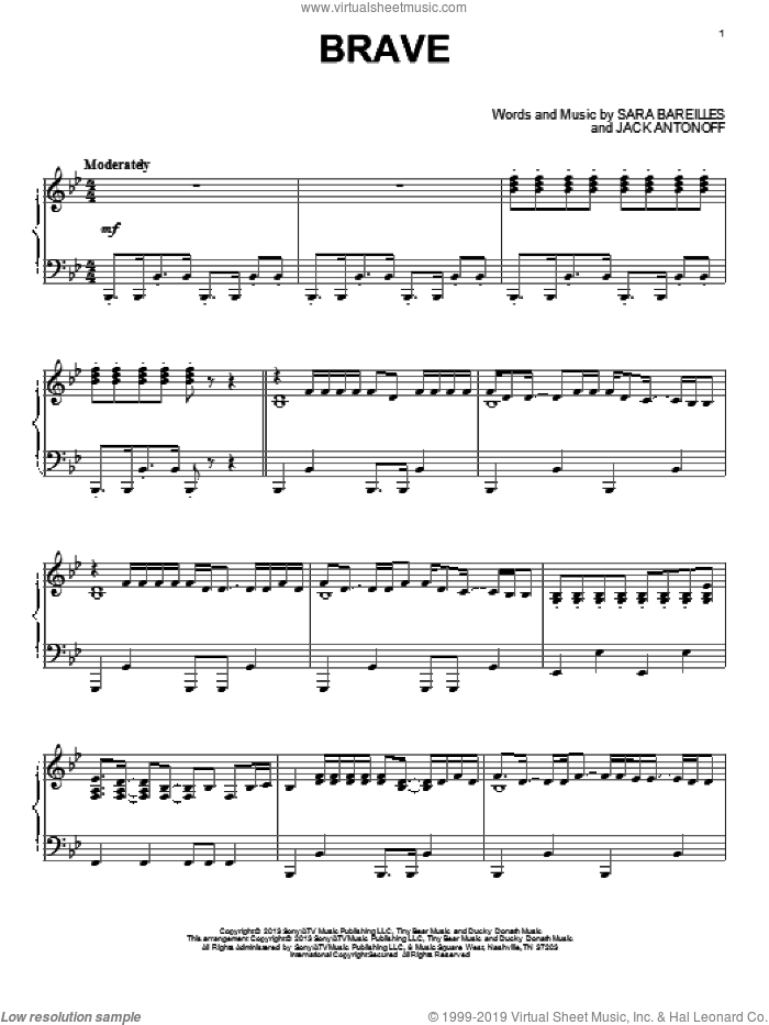 Brave sheet music for piano solo by Sara Bareilles, intermediate skill level