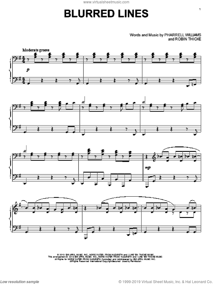 Blurred Lines, (intermediate) sheet music for piano solo by Robin Thicke, intermediate skill level