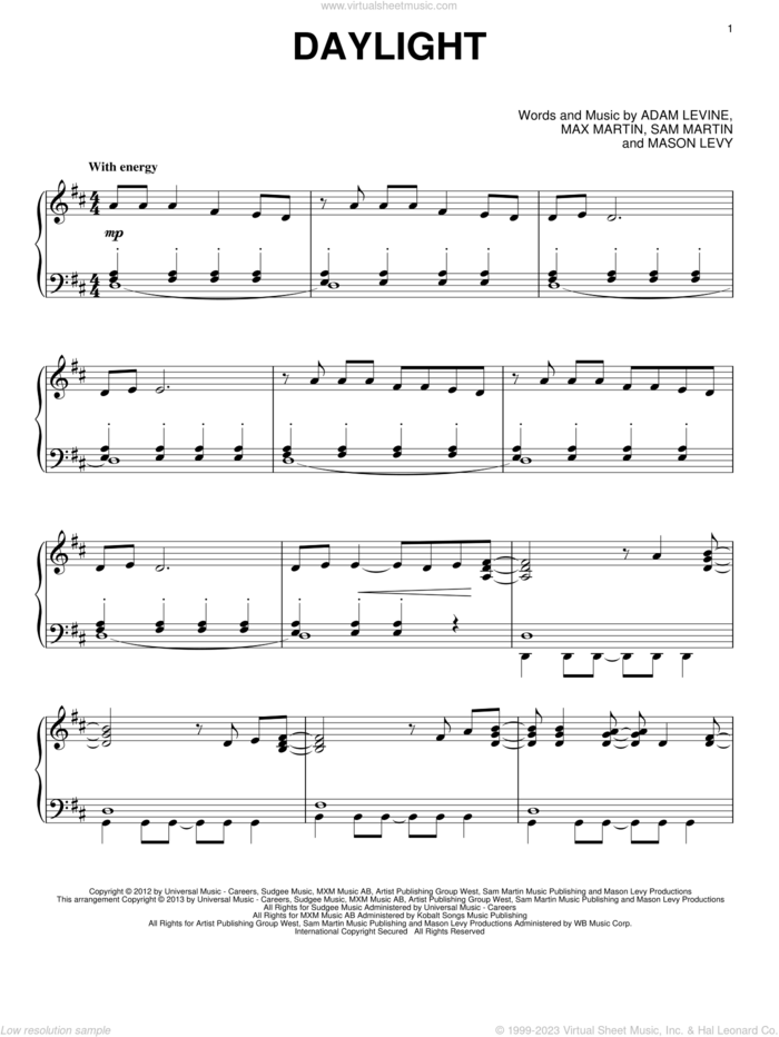 Daylight sheet music for piano solo by Maroon 5, intermediate skill level