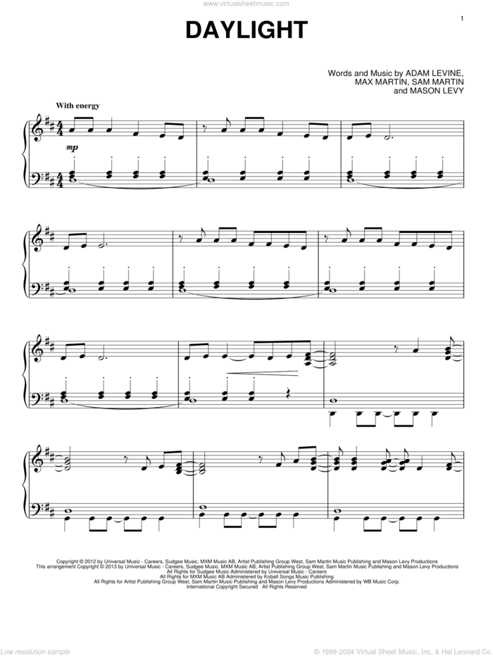 Daylight, (intermediate) sheet music for piano solo by Maroon 5, intermediate skill level