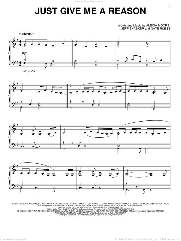 Just Give Me A Reason sheet music for piano solo by Pink featuring Nate Ruess, intermediate skill level