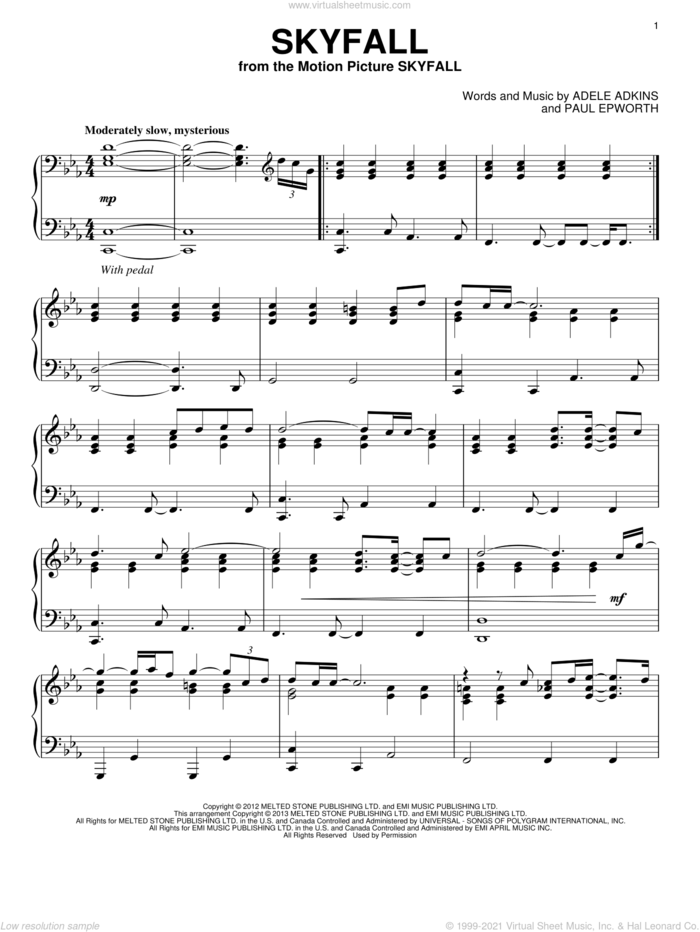 Skyfall, (intermediate) sheet music for piano solo by Adele and Adele Adkins, intermediate skill level