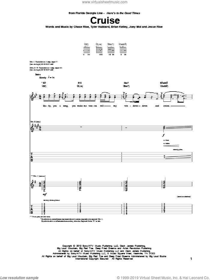 Cruise sheet music for guitar (tablature) by Florida Georgia Line, intermediate skill level