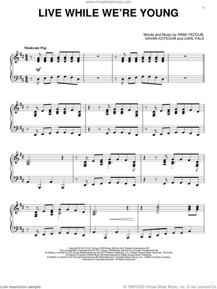 Live While We're Young sheet music for piano solo by One Direction, intermediate skill level