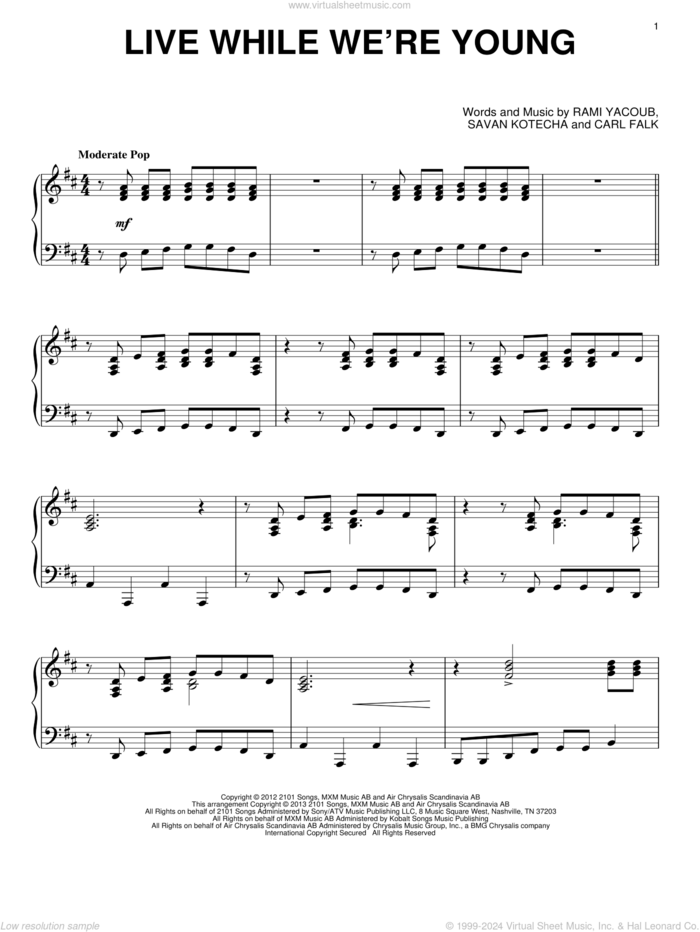 Live While We're Young sheet music for piano solo by One Direction, intermediate skill level