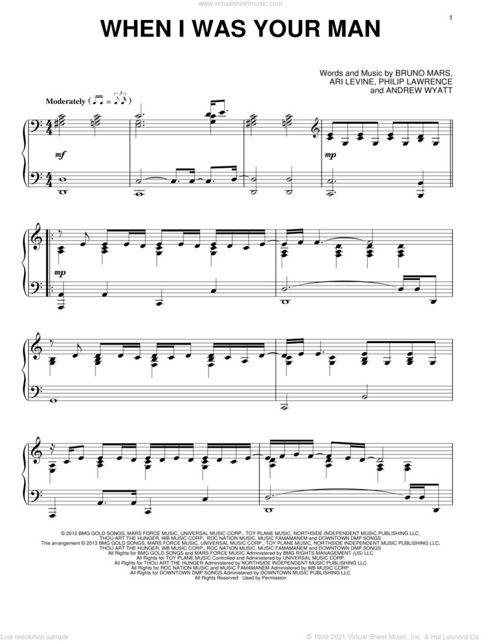 When I Was Your Man, (intermediate) sheet music for piano solo by Bruno Mars, intermediate skill level