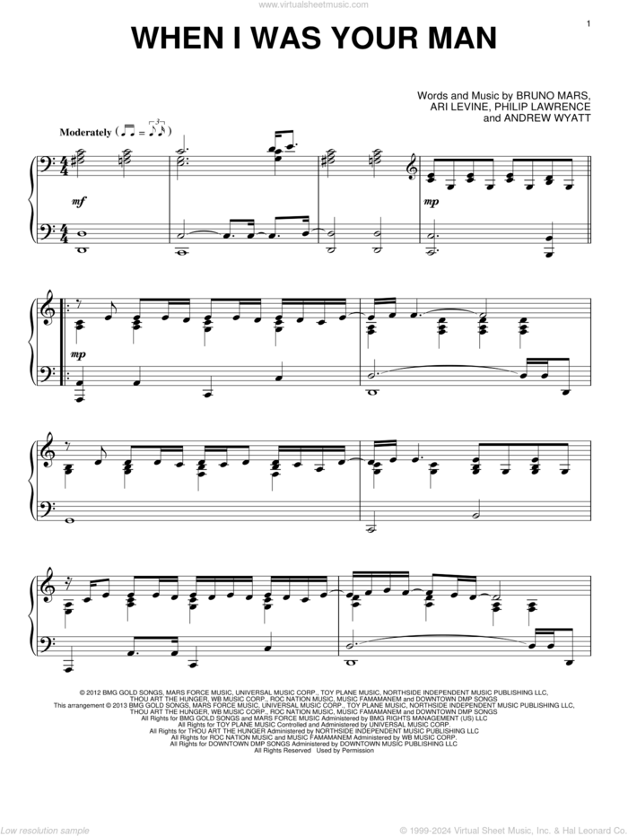 When I Was Your Man, (intermediate) sheet music for piano solo by Bruno Mars, intermediate skill level