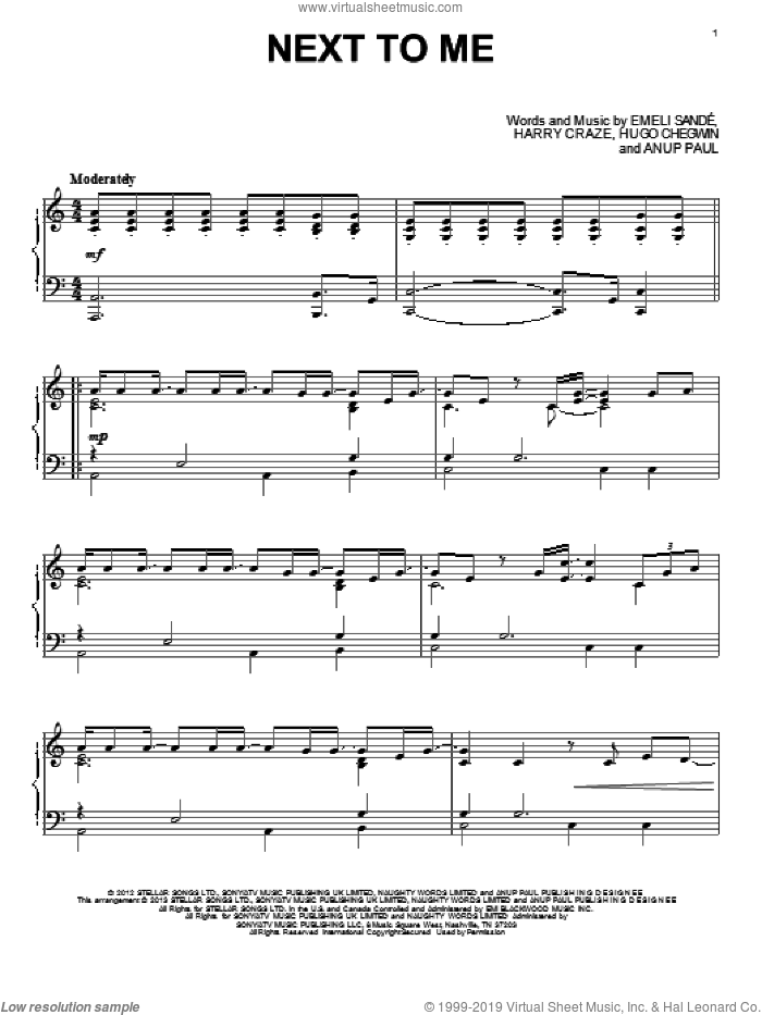 Next To Me sheet music for piano solo by Emeli Sande, intermediate skill level