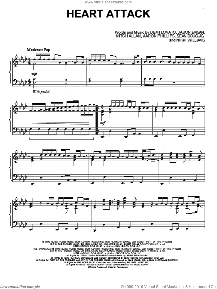 Heart Attack sheet music for piano solo by Demi Lovato, intermediate skill level
