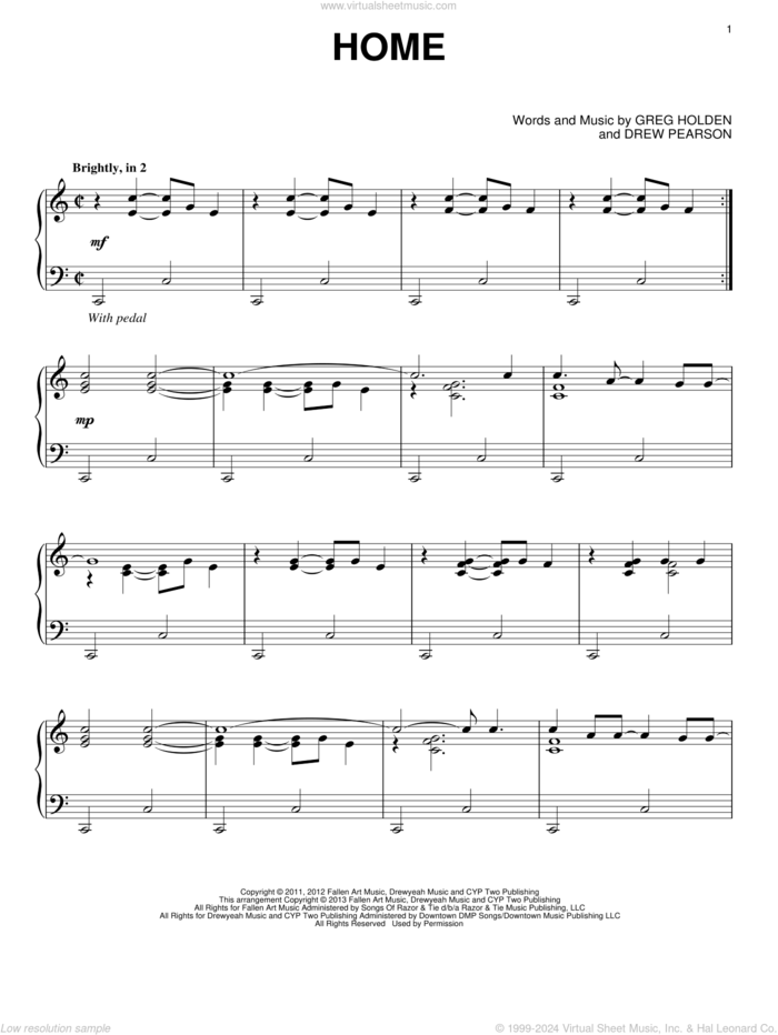 Home, (intermediate) sheet music for piano solo by Phillip Phillips, intermediate skill level