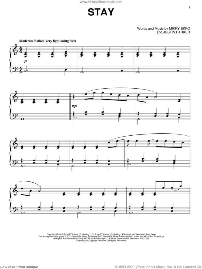 Stay, (intermediate) sheet music for piano solo by Rihanna, intermediate skill level