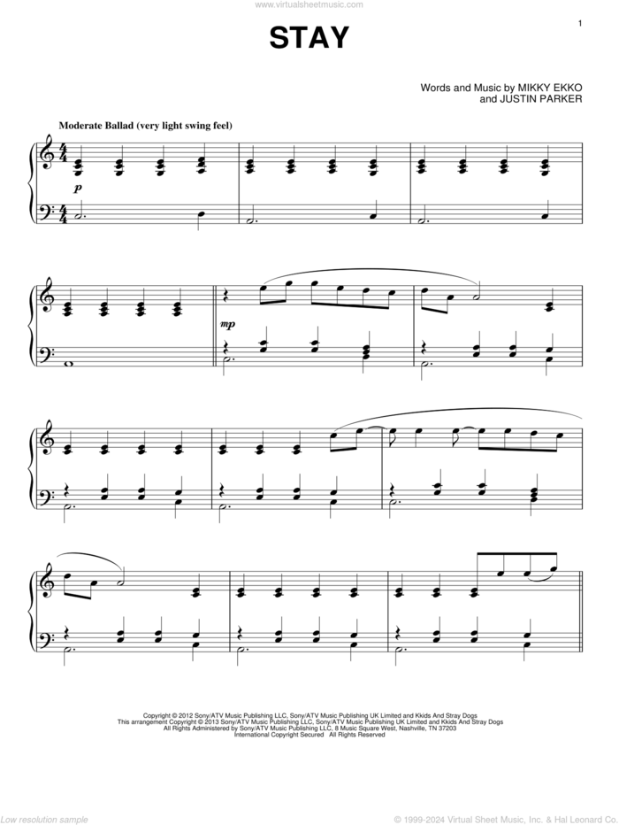 Stay, (intermediate) sheet music for piano solo by Rihanna, intermediate skill level