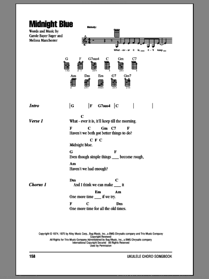 Midnight Blue sheet music for ukulele (chords) by Melissa Manchester and Carole Bayer Sager, intermediate skill level