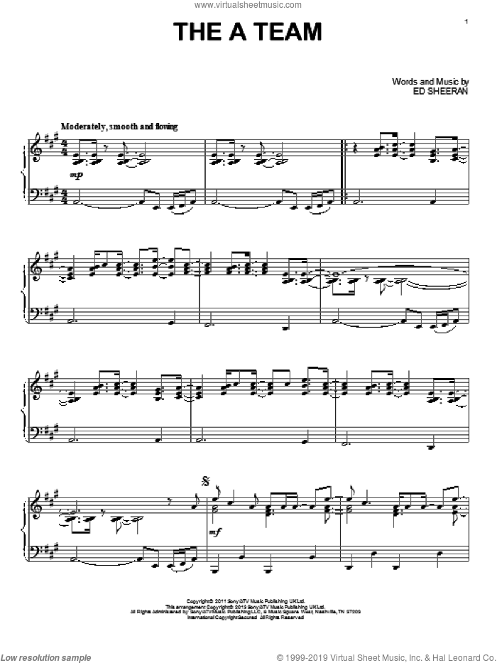 The A Team, (intermediate) sheet music for piano solo by Ed Sheeran, intermediate skill level