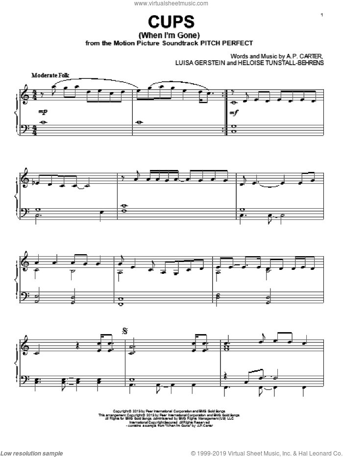 Cups (When I'm Gone) sheet music for piano solo by Anna Kendrick, intermediate skill level