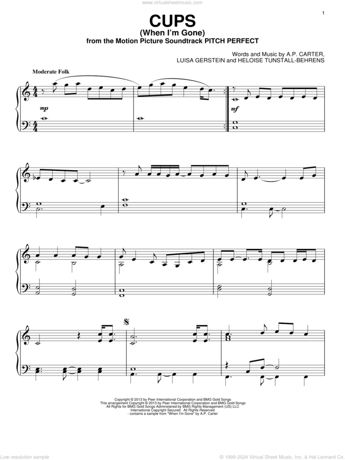 Cups (When I'm Gone) sheet music for piano solo by Anna Kendrick, intermediate skill level