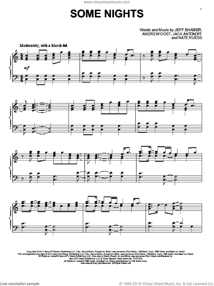 Some Nights, (intermediate) sheet music for piano solo by Fun, intermediate skill level