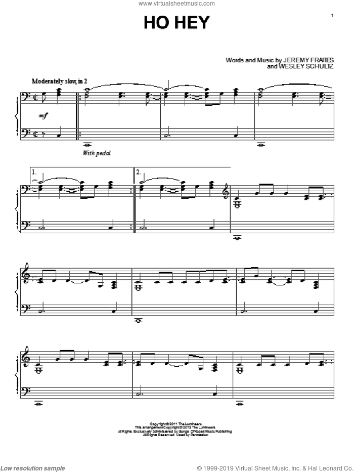 Ho Hey sheet music for piano solo by The Lumineers, intermediate skill level