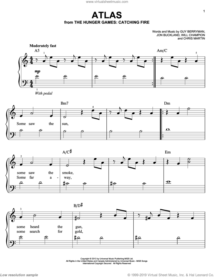 Atlas sheet music for piano solo by Coldplay, beginner skill level