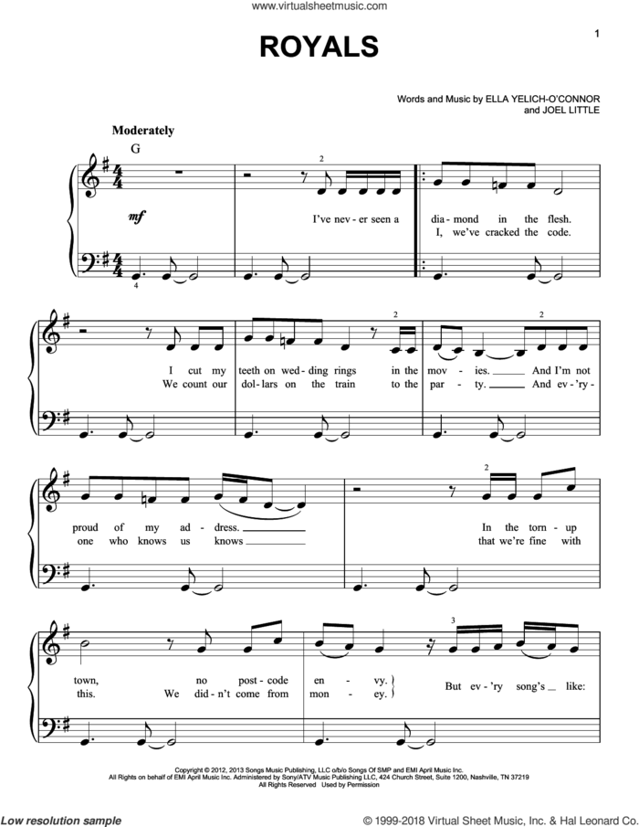 Royals, (easy) sheet music for piano solo by Lorde, easy skill level