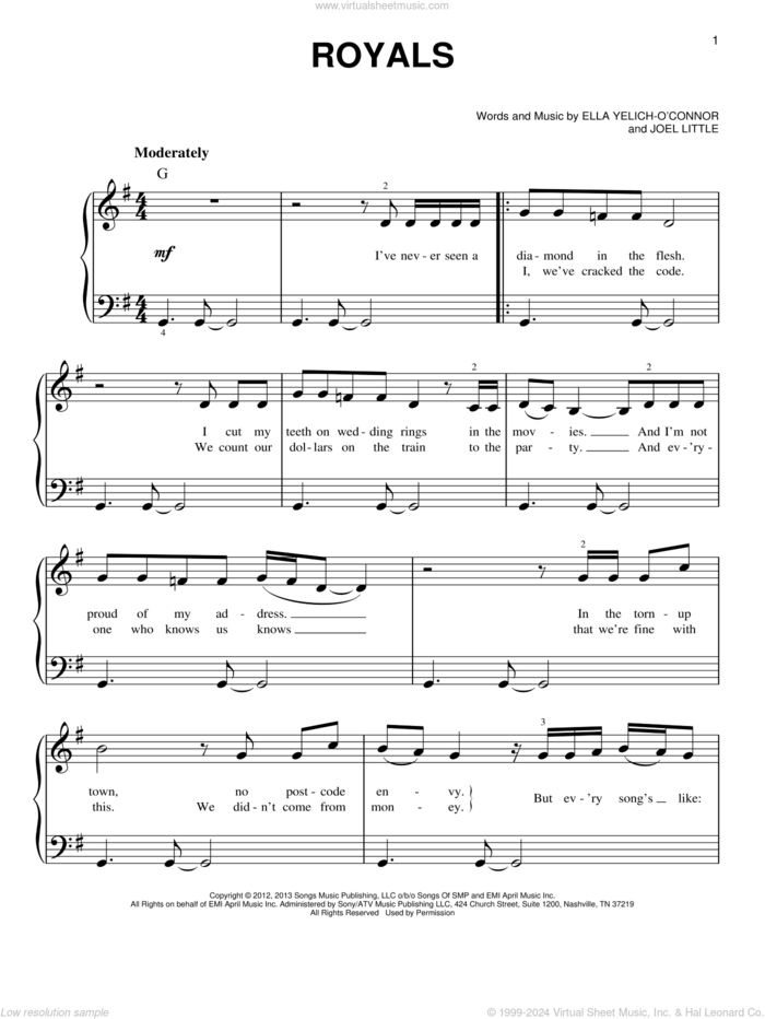 Royals, (easy) sheet music for piano solo by Lorde, easy skill level